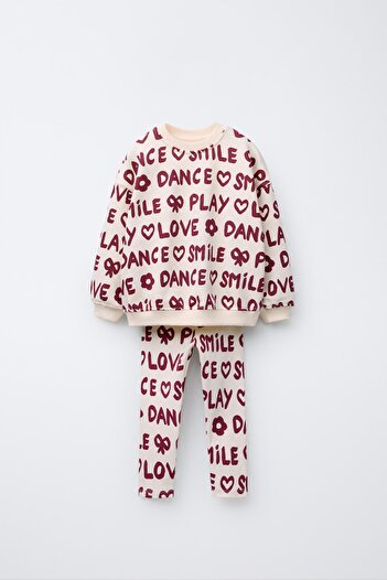 Magu Girl's Cotton Ecru Claret Red Text Printed Sweatshirt and Leggings Set - Love Smile Dance