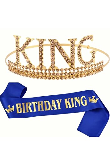 Store Coroană de ziua de naștere cu piatră de culoare aurie cu scriere „KING” și curea albastră cu scriere „Birthday King” – Ziua de naștere pentru bărbați