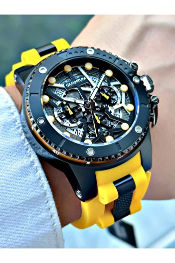 Quantum Function Yellow Color Hunter Silicone Cord Steel Case Men Wrist Watch 535.654Mr