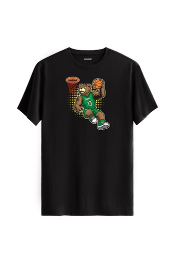 Colermi Basketball Player Slam Dunking with Green Jersey Bear Printed T-Shirt - 100% Cotton Sports Design T-Shirt