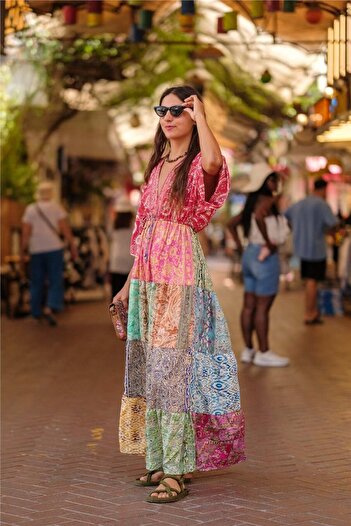 Miss Boheme Red Color Front and Back V-Neck Long Silk Dress with Gold Detail