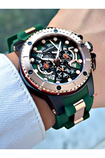 Quantum Function Green Color Hunter Silicone Cord Steel Case Men Wrist Watch 535.857Mr