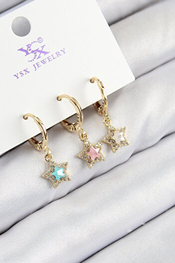 Tunastore Brass Zircon Stone 3-Piece Colorful Star Model Gold Color Women's Earrings