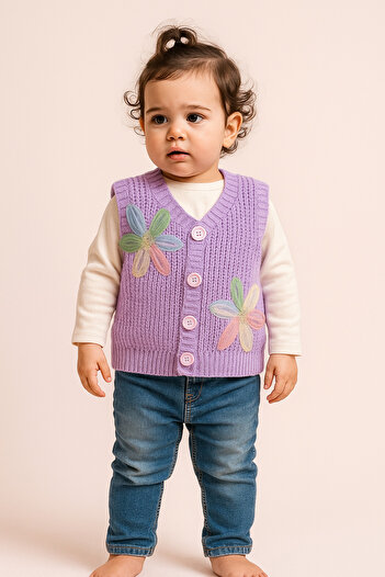 Nimini Kids New Season Flower Detailed Buttoned Knitwear Thessaloniki Knitted Baby Girl Children's Vest (0-8 Years)