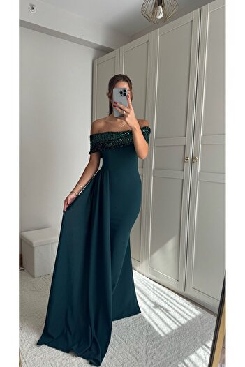 Sindimoda Mars Payetli Madonna Yaka Balık Abiye