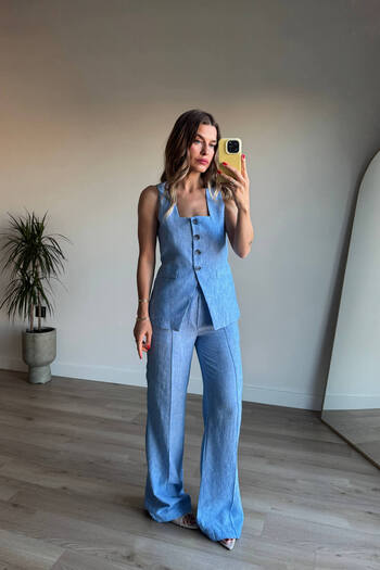 Sue Store Baby Blue Buttoned Premium Linen Trousers Set