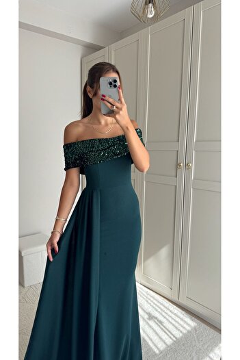 Sindimoda Mars Payetli Madonna Yaka Balık Abiye