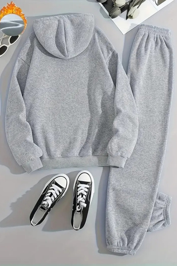 CLAYES Unisex Red Boston Printed Hooded Gray Tracksuit Set - Winter Embossed Fabric