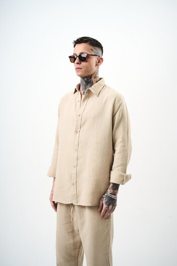 Respire Men's Long Sleeve Oversize Muslin Shirt Beige