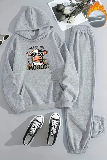 Sweetline Unisex Moood Cow Printed Hooded Gray Tracksuit Set - Winter Embossed Fabric