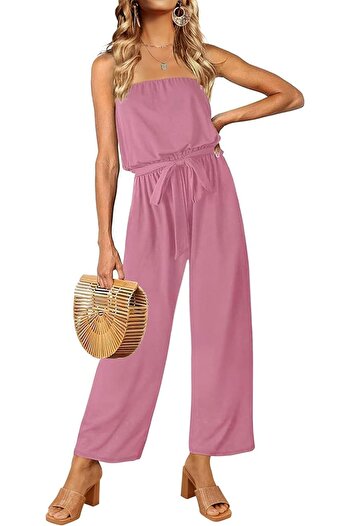 ZESICA Women's 2023 Casual Off Shoulder Solid Color Strapless Belted Wide Leg Jumpsuit Romper