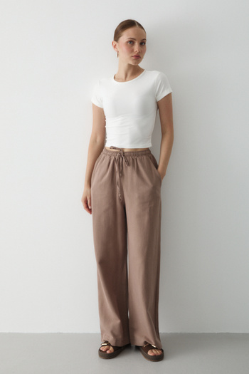 Laluvia Milky Brown Elastic Waist Wide Leg Trousers - 2813