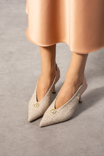 Güllü Shoes Beige Fabric Textured Button Detailed Slingback Thin Heeled Women's Stiletto