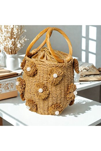 Store Straw Pearl Bag Wooden Handle Straw Bag Pearl Handbag Beach Bag Mini Straw Handbag