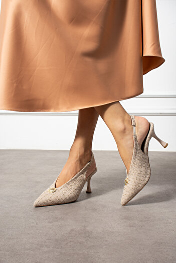 Güllü Shoes Beige Fabric Textured Button Detailed Slingback Thin Heeled Women's Stiletto