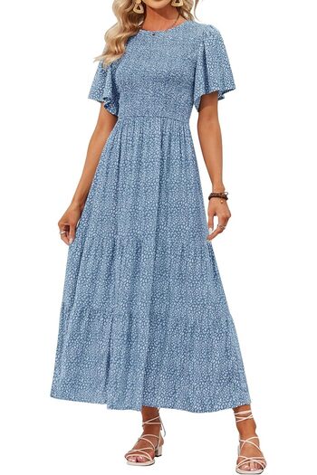 ZESICA Women's 2023 Summer Casual Floral Print Short Flutter Sleeve Crew Neck Smocked High Waist Flo