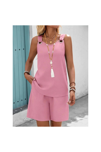 POLEXP Women's Strap Round Neck Bird's Eye Detailed Wrinkled Blouse and Short Double Set