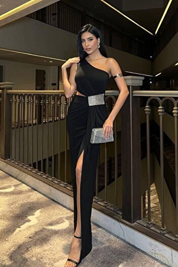 SELİN MODA EVİ One Shoulder Detail Sandy Fabric Dress 583181 Black