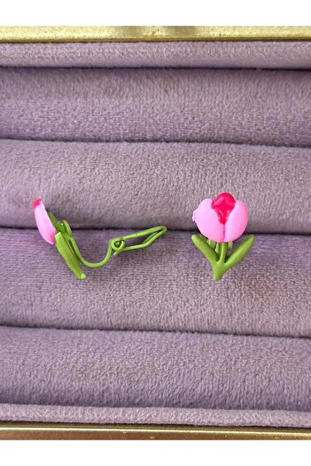 BY YASİN TOPÇU Pink Flower Figured Children's Earring (Pop-Up Clip-On)