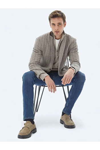 Kip Brown Striped Modern Fit Cotton Blend Knitted Jacket