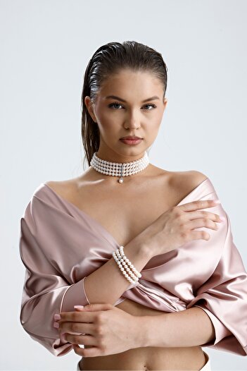 Birinci1926 Choker Zircon Stone Natural Pearl Necklace Bracelet Set of Two