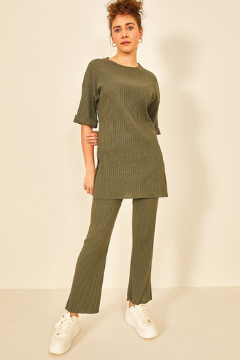 EYYE Khaki Women's Cotton Short Sleeve Ribbed Blouse Pants Set