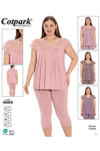 Cotpark Women's Plus Size Viscose Elastane Fabric Short Sleeve Capri Suit 14545-B