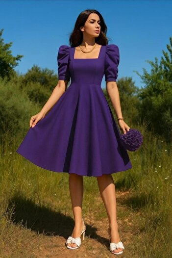 Modafeminen Short Sleeve Midi Length Square Neck Dress 583231 Purple