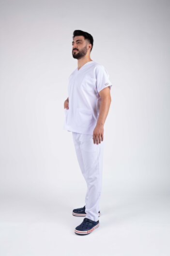ACAR İŞ TEX White Lycra Men's Nurse and Doctor Uniform Set Scrubs Hospital Uniform