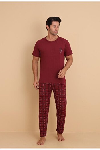 STELLAPİNK ERKEK KISA KOLLU EKOSELİ PİJAMA TAKIMI - BORDO