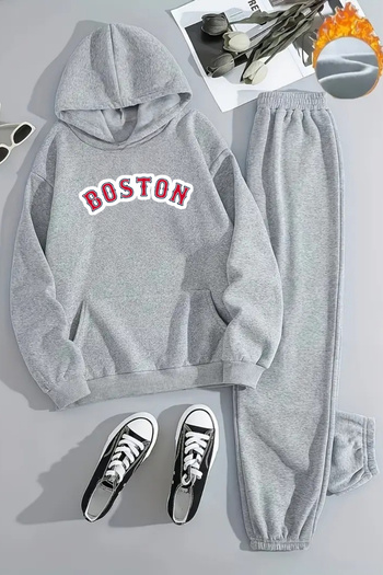 CLAYES Unisex Red Boston Printed Hooded Gray Tracksuit Set - Winter Embossed Fabric