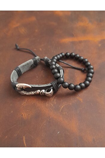 BSN Store 2-Piece Bracelet Sailor Hook Figured Genuine Leather Bracelet and Onyx Stone Bracelet