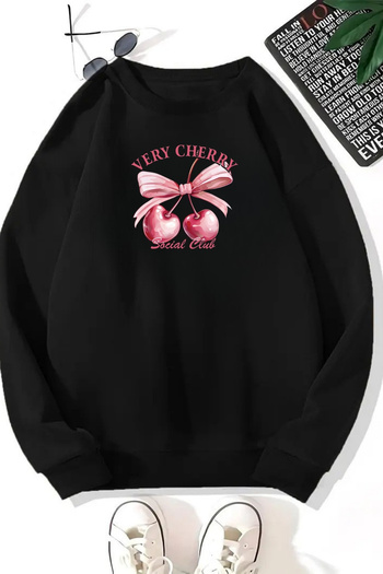 Sweetline Unisex Black Very Cherry Printed Crew Neck Sweatshirt - Winter Embossed Fabric