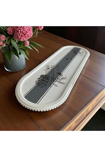 Lotus El boyaması ahşap uzun sunumluk tepsi 69x25 cm
