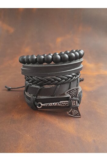 BSN Store 5-Piece Men's Bracelet Valknut Ax Figure Genuine Leather Bracelet Onyx Bead Bracelet