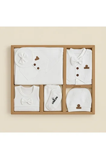 KapsülBebek 100% Organic Cotton 10-Piece Hospital Release Newborn Baby Set – White Bow Tie Baby Boy