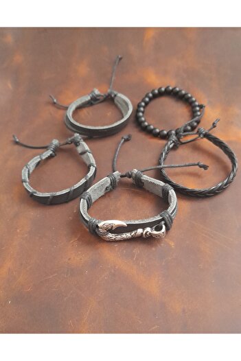 BSN Store 5-Piece Men's Bracelet Marine Hook Figure Genuine Leather Bracelet Onyx Bead Bracelet
