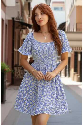 Modabenna Balloon Watermelon Sleeve Midi Bürümcük Dress Princess Square Neck Off Shoulder Daisy Floral Patterned Gipeli