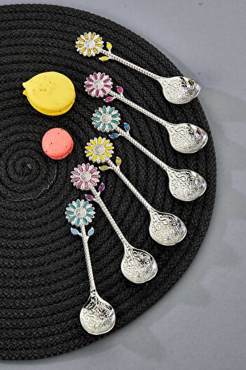 EMBazaar Set of 6 Spice, Teaspoon Set Spice Spoons with Flower Pattern. Gold and Silver Colored Spoon Set