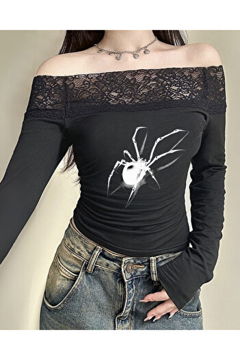 Touz Streetwear Printed Lace Black Long Sleeve Blouse