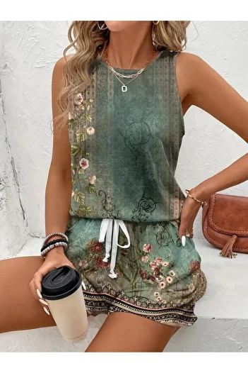 Asil Acar Home Hynova Women's Strappy Round Neck Floral Printed Crop Blouse and Shorts Two Piece Set