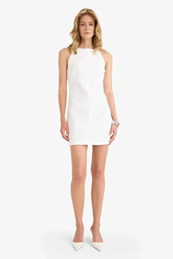 DeFacto Boat Neck Basic Plain Sleeveless Mini White Summer Dress F1775Ax25Sm