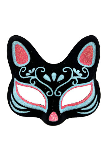 Skygo Black Color Suede Coated Blue Red Glitter Cat Mask 17x14 Cm