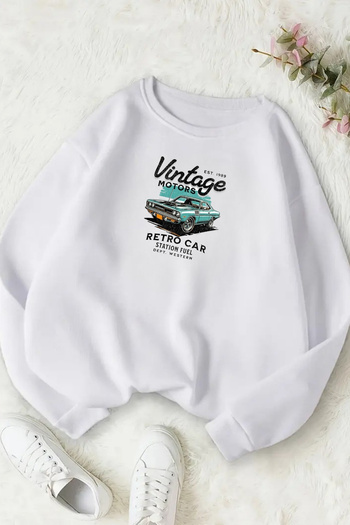Sweetline Unisex White Vintage Car Printed Crew Neck Sweatshirt - Winter Embossed Fabric