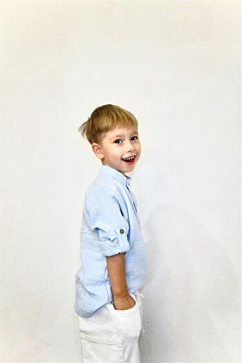 rois Baby Foldable Sleeve 100% Cotton Muslin Blue Shirt