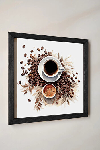 Wooden Factory With Wooden Frame, Watercolor Effect Coffee Beans, Turkish Coffee, Top View to Filter Coffee