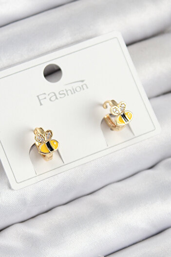 STİLLOVE Brass Zircon Stone Bee Model Gold Color Children's Earrings