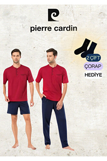 Pierre Cardin Men's Clothing 3 Piece Combed Cotton 100% Cotton Claret Red Pajama Set (2 Gift Socks) Ol.Pc.5370.001