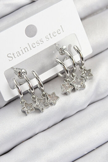 STİLLOVE Brass Zircon Stone Dangle Star Model Silver Color Women's Earrings
