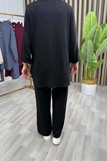Mercan SEÇİL TAKIM Siyah Düğme Detaylı Tesettür Tunik Pantolon Spor Günlük Takım Kristal Kumaş